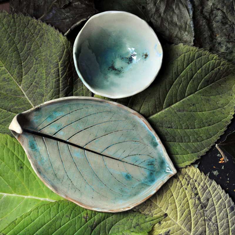 półmisek ceramiczny liść z miską na bakalie lub sake