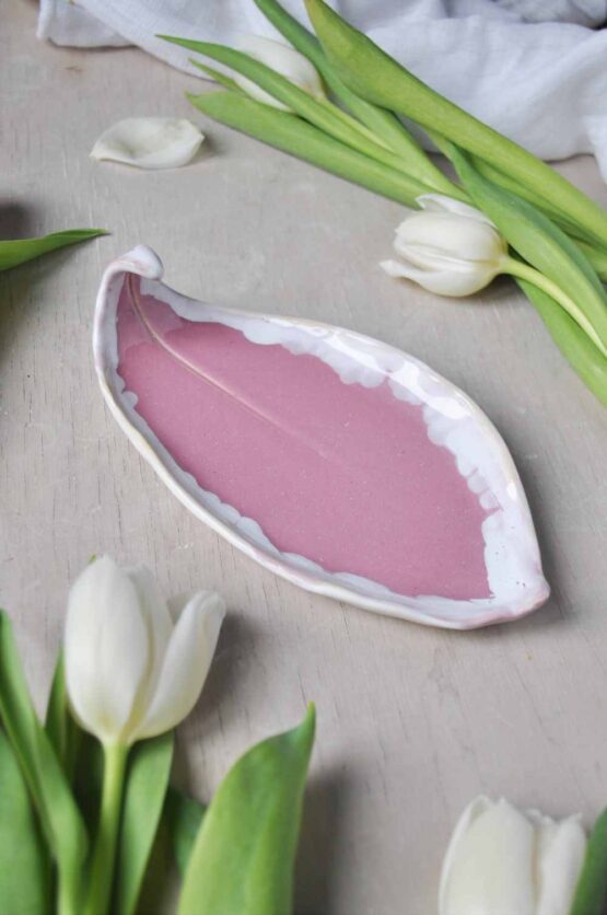 podstawka ceramiczna liść różowy na kadzidła, biżuterię, prezent artystyczny