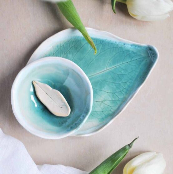 ceramiczny talerz liść z miską artystyczny prezent rękodzieło do sushi