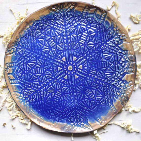 ceramiczna taca mandala indygo piękna mandala rękodzieło duża patera